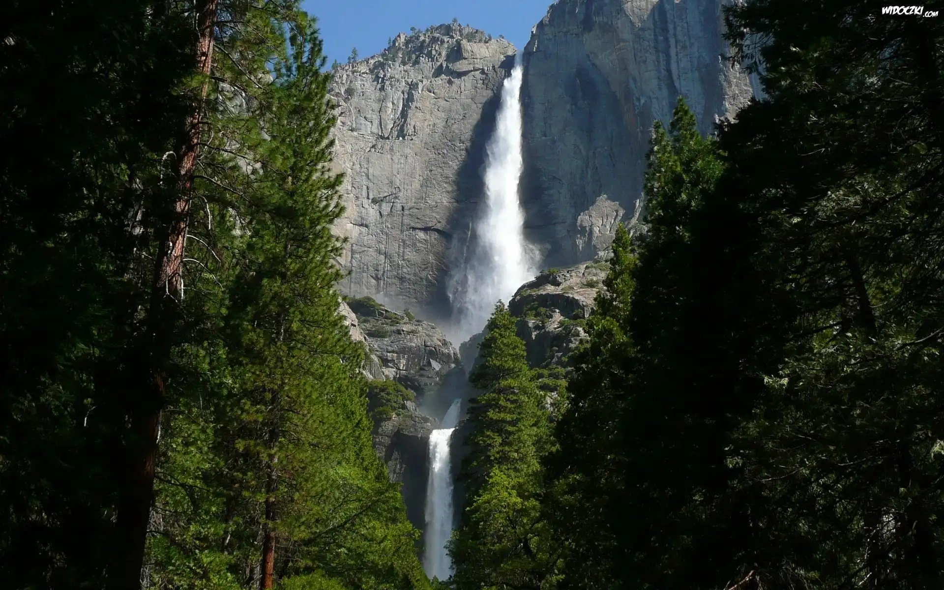 Wodospad, Skały, Drzewa, Yosemite, Kalifornia
