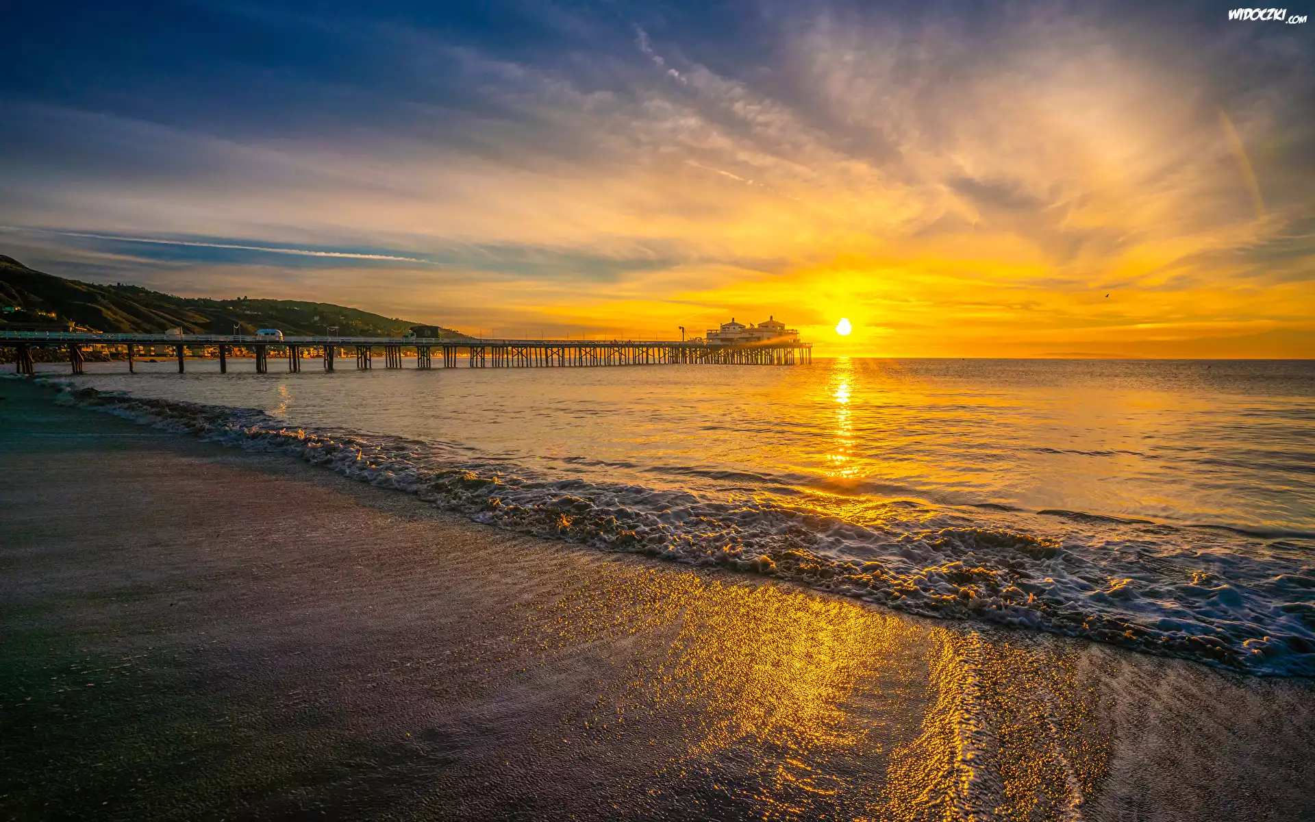 Wschód słońca, Morze, Molo, Plaża, Malibu, Kalifornia, Stany Zjednoczone