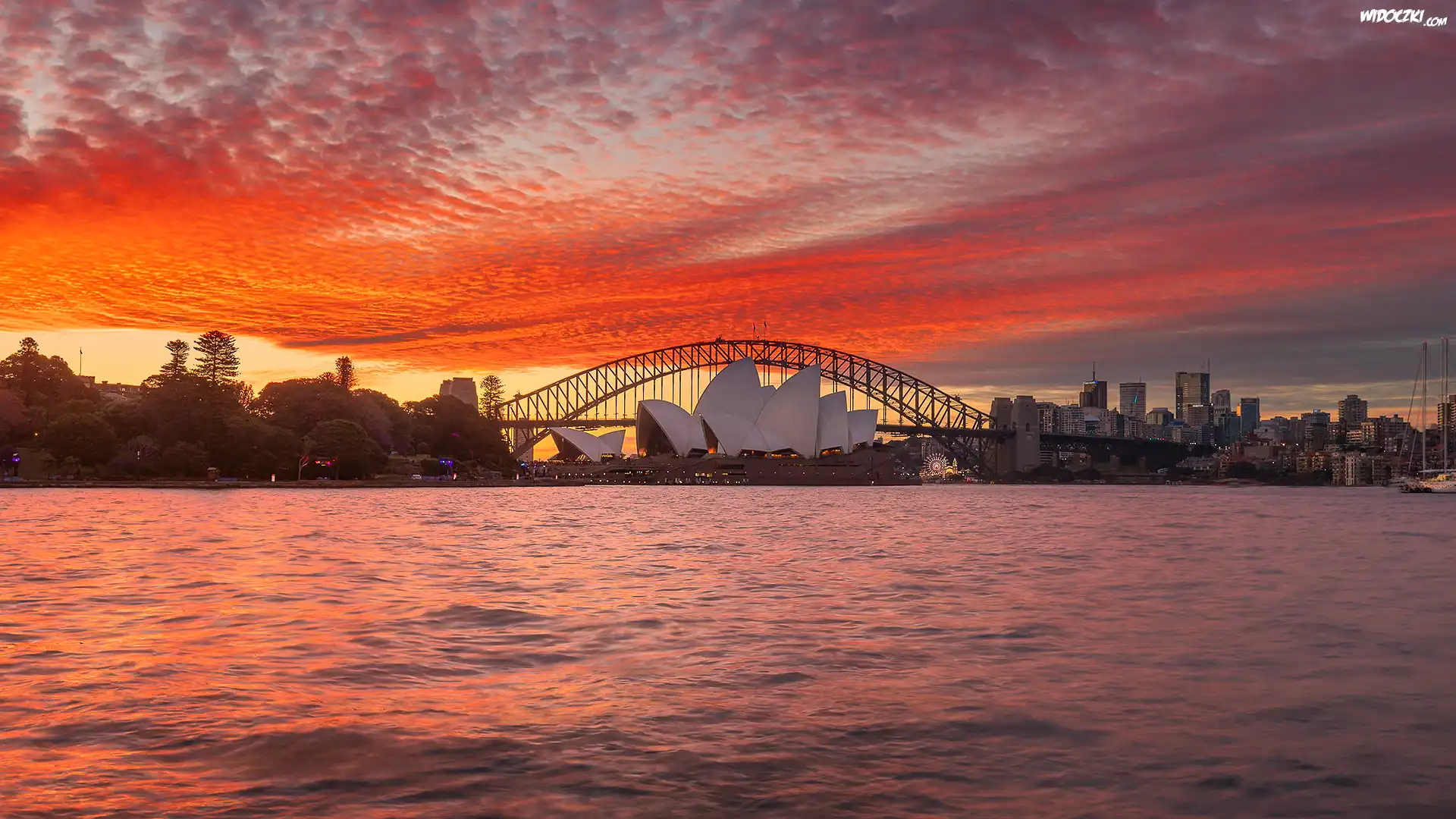 Wschód słońca, Zatoka Port Jackson, Sydney Opera House, Most Sydney Harbour, Sydney, Australia