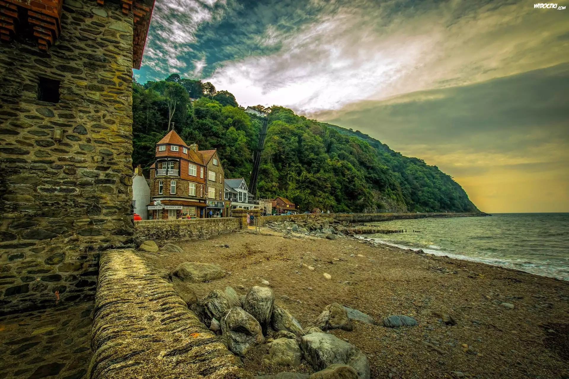 Wybrzeże, Plaża, Kamienie, Domy, Lynmouth, Anglia