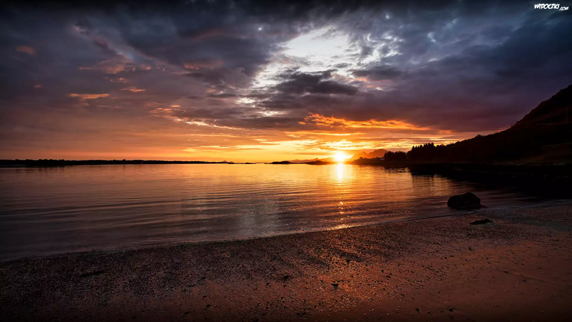 Wybrzeże, Morze, Plaża, Wschód słońca, Chmury
