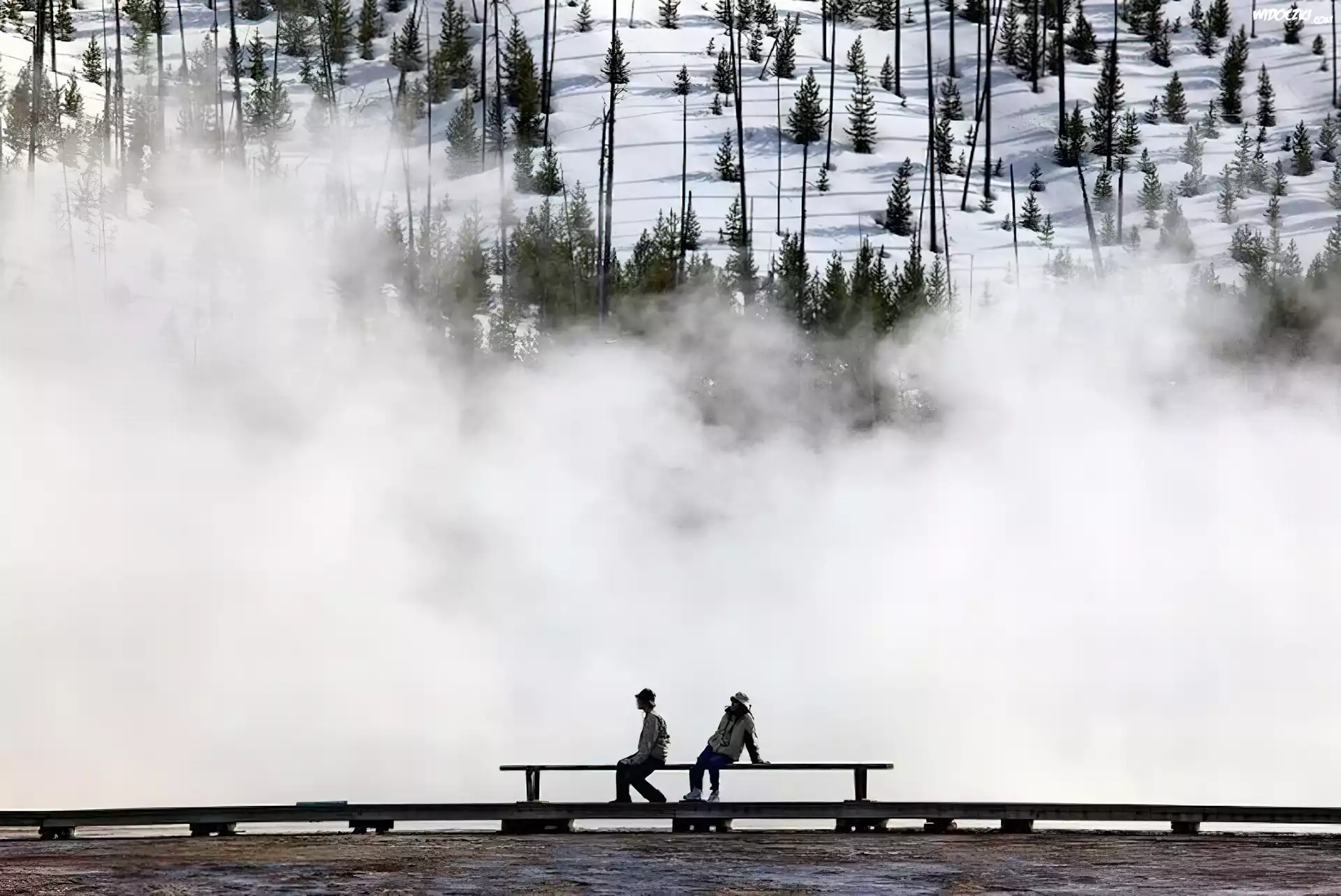 Yellowstone National, Zima, Ławka, Ludzie