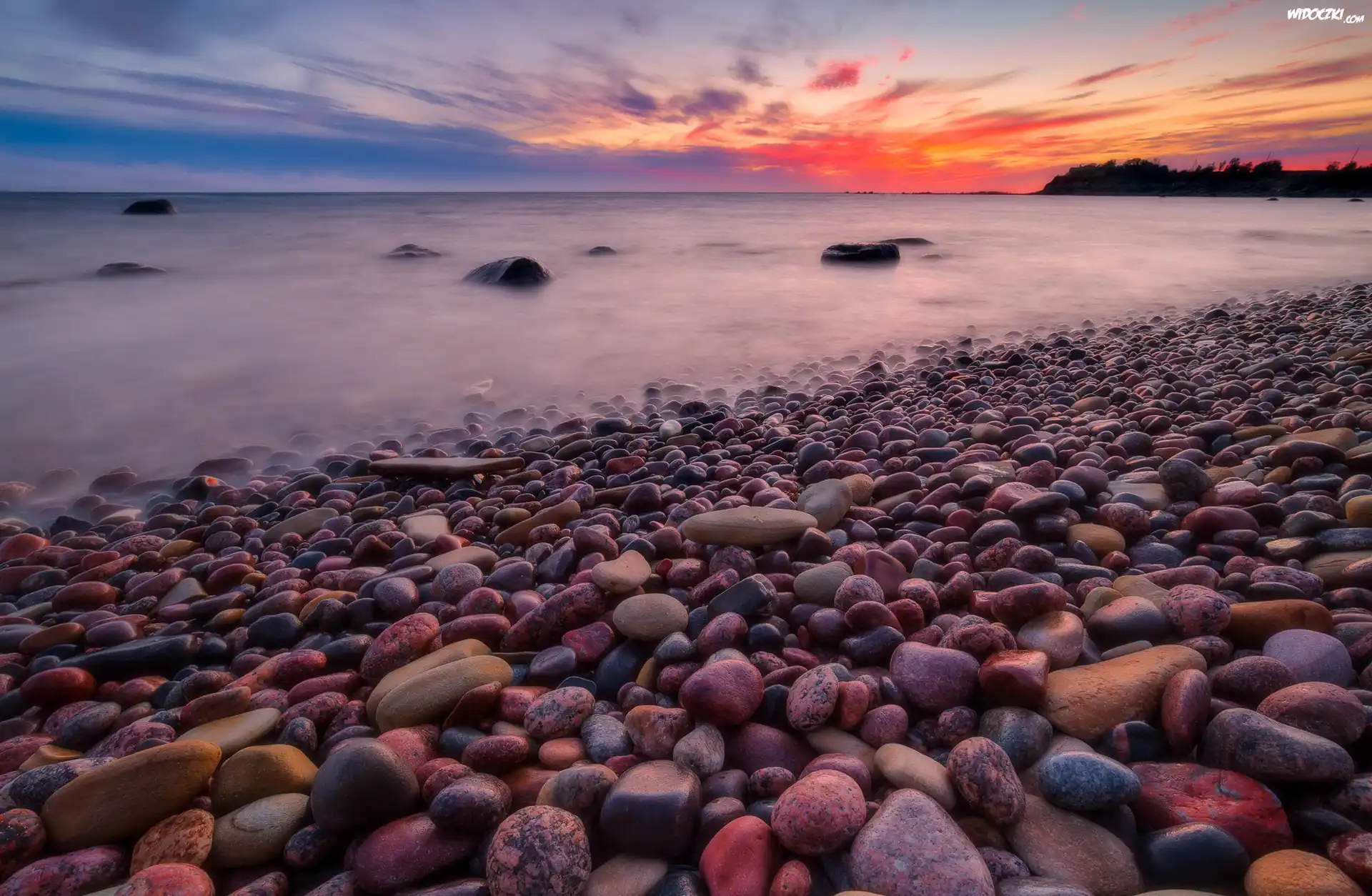 Zachód słońca, Kamienie, Brzeg, Morze