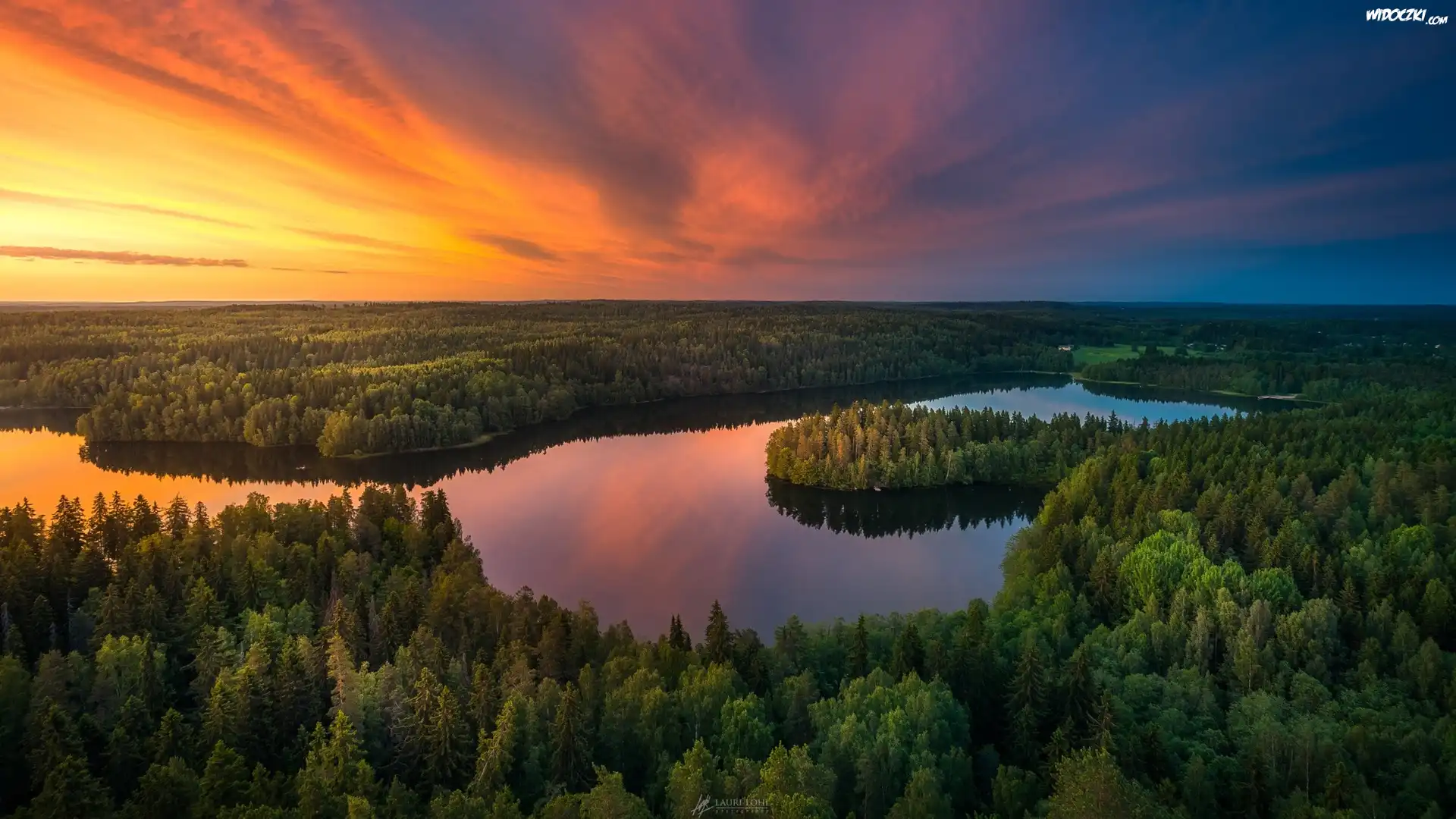 Finlandia, Zachód słońca, Jezioro Aulangonjärvi, Lasy, Drzewa