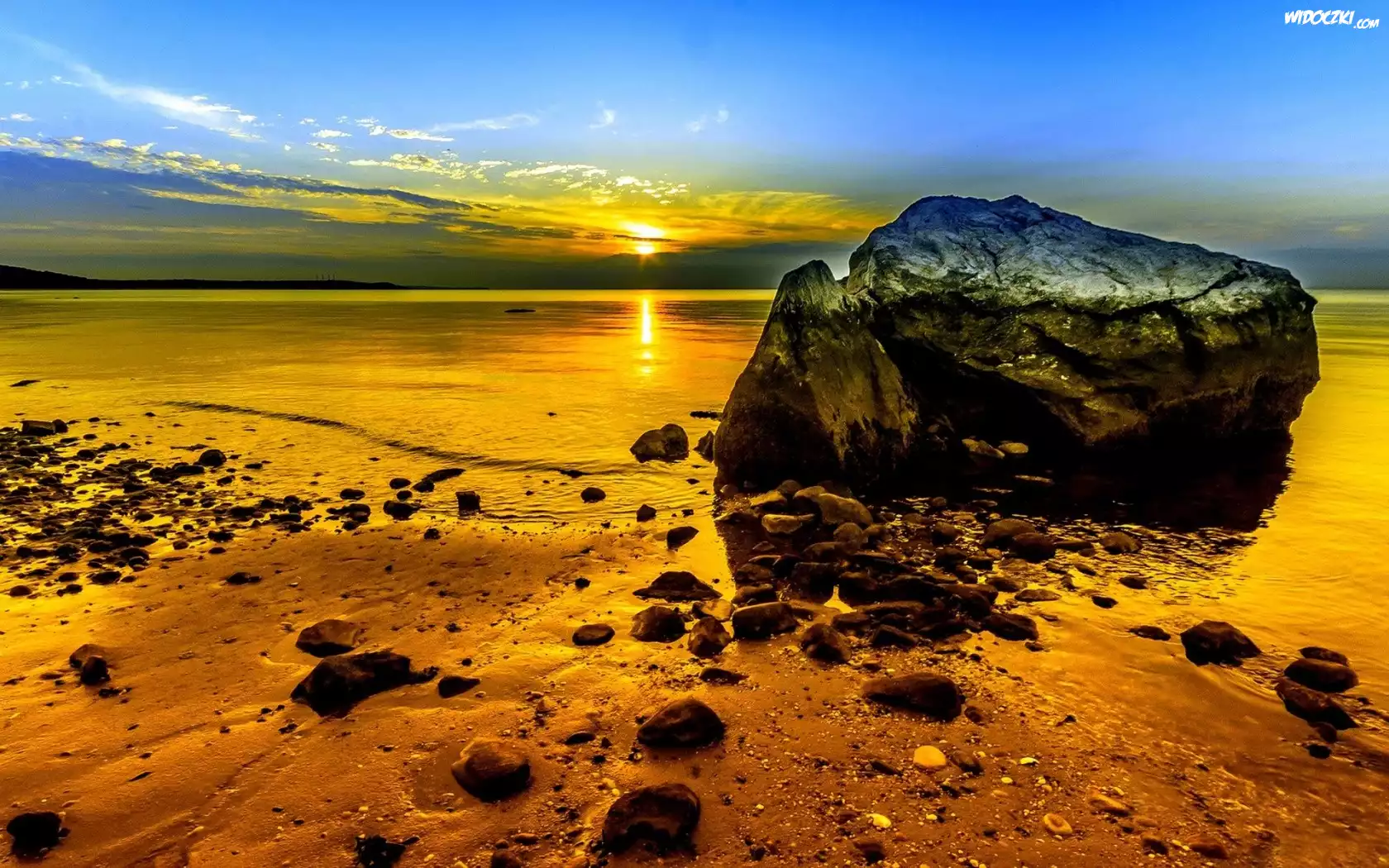 Zachód, Słońca, Jezioro, Kamienie, Plaża