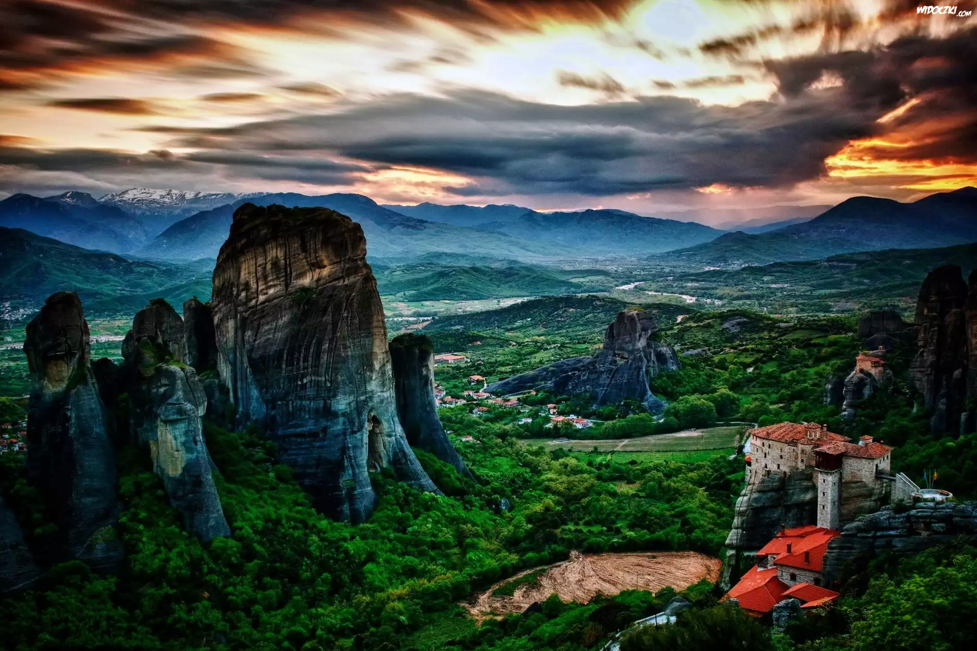 Zachód, Słońca, Skały, Klasztor, Meteora
