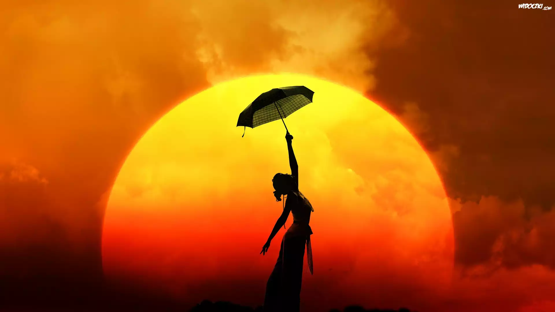 Zachód, Słońca, Kobieta, Parasol