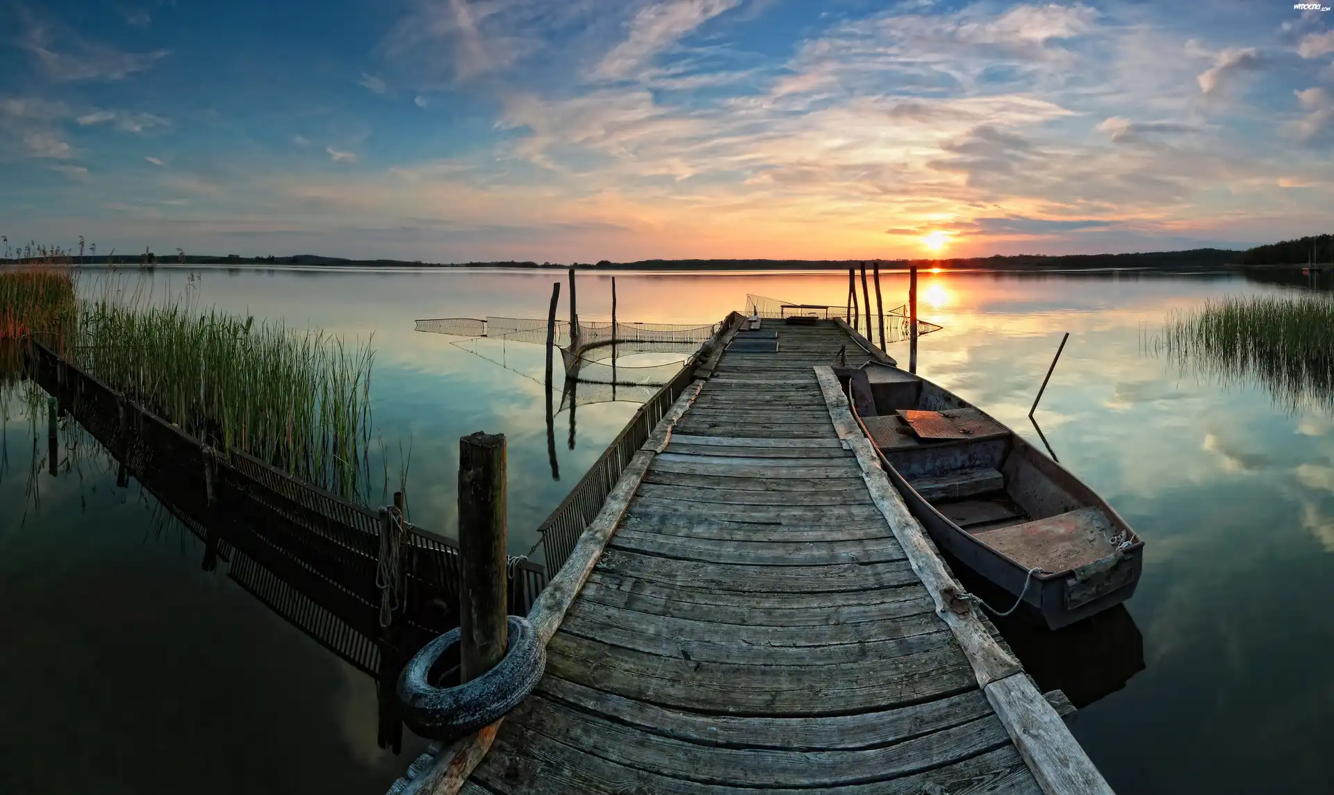 Zachód, Słońca, Jezioro, Łódka, Pomost