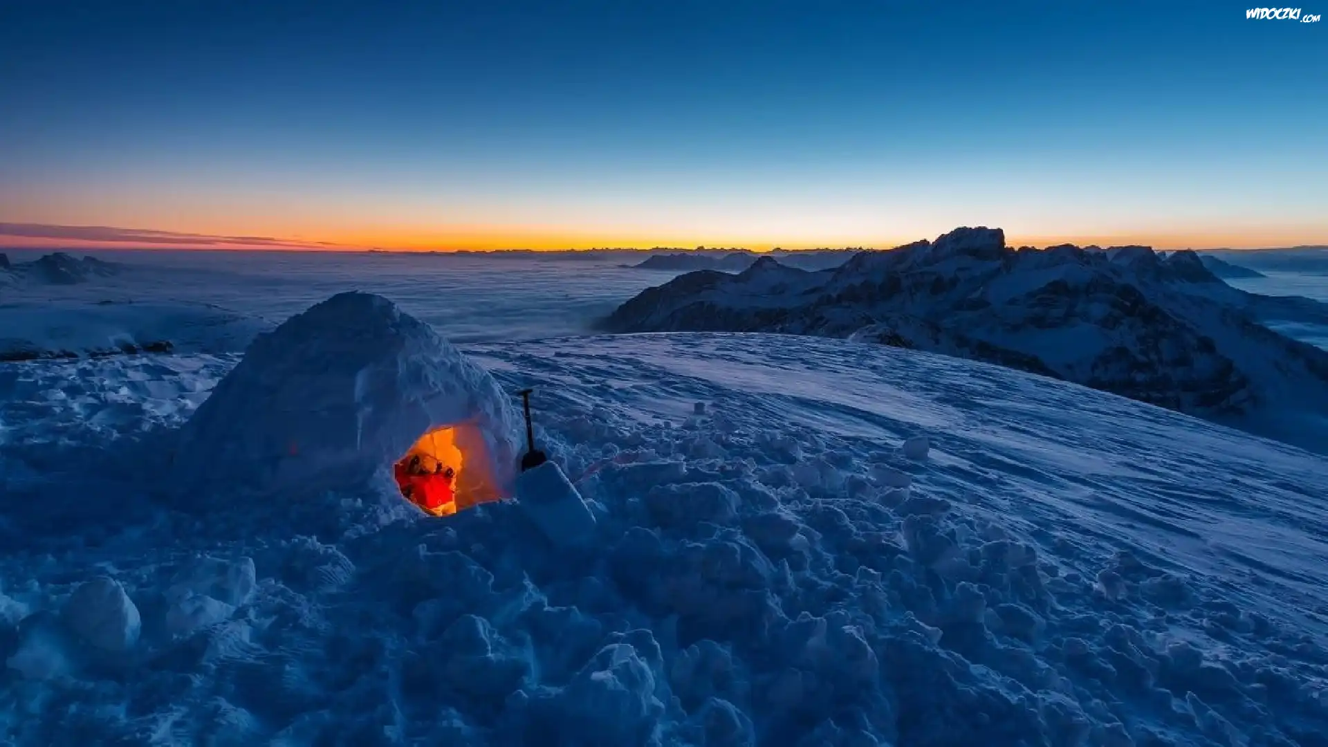 Zachód, Słońca, Igloo, Śnieg, Skały
