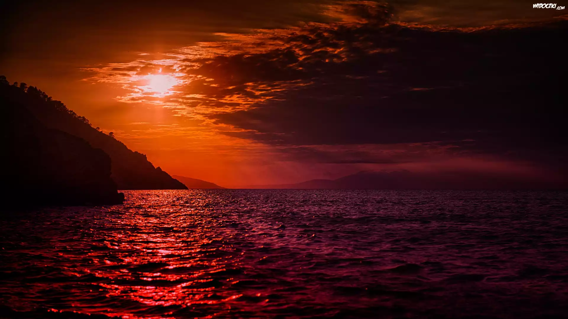 Zachód, Słońca, Ocean, Skały