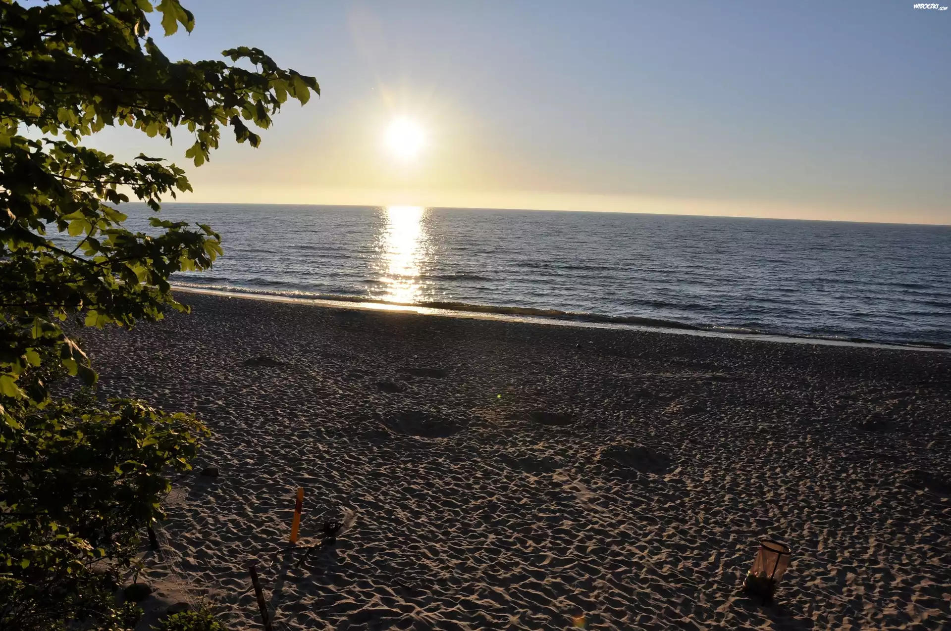Zachód, Słońca, Morze, Plaża, Pobierowo