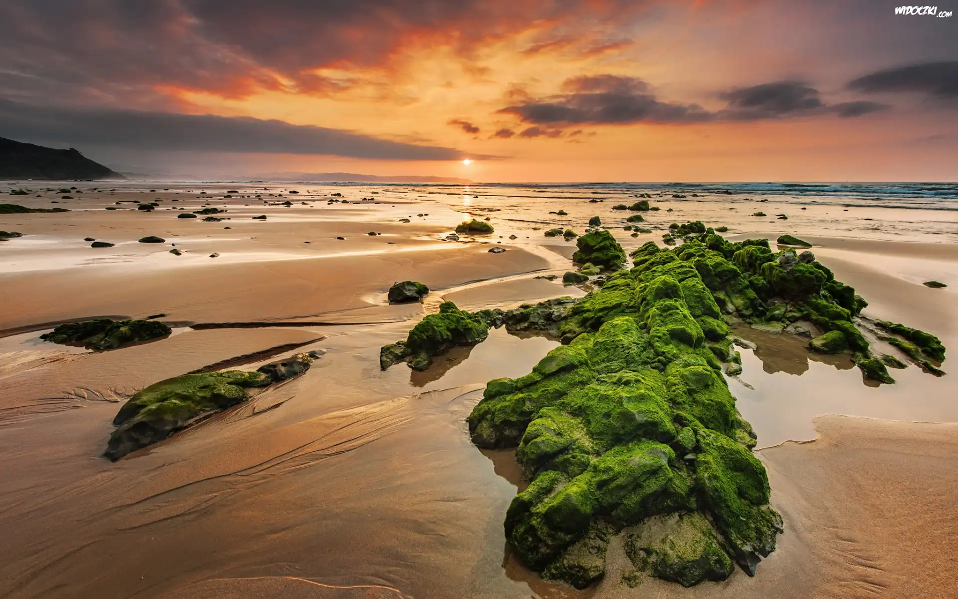 Zachód, Słońca, Morze, Plaża, Skałki