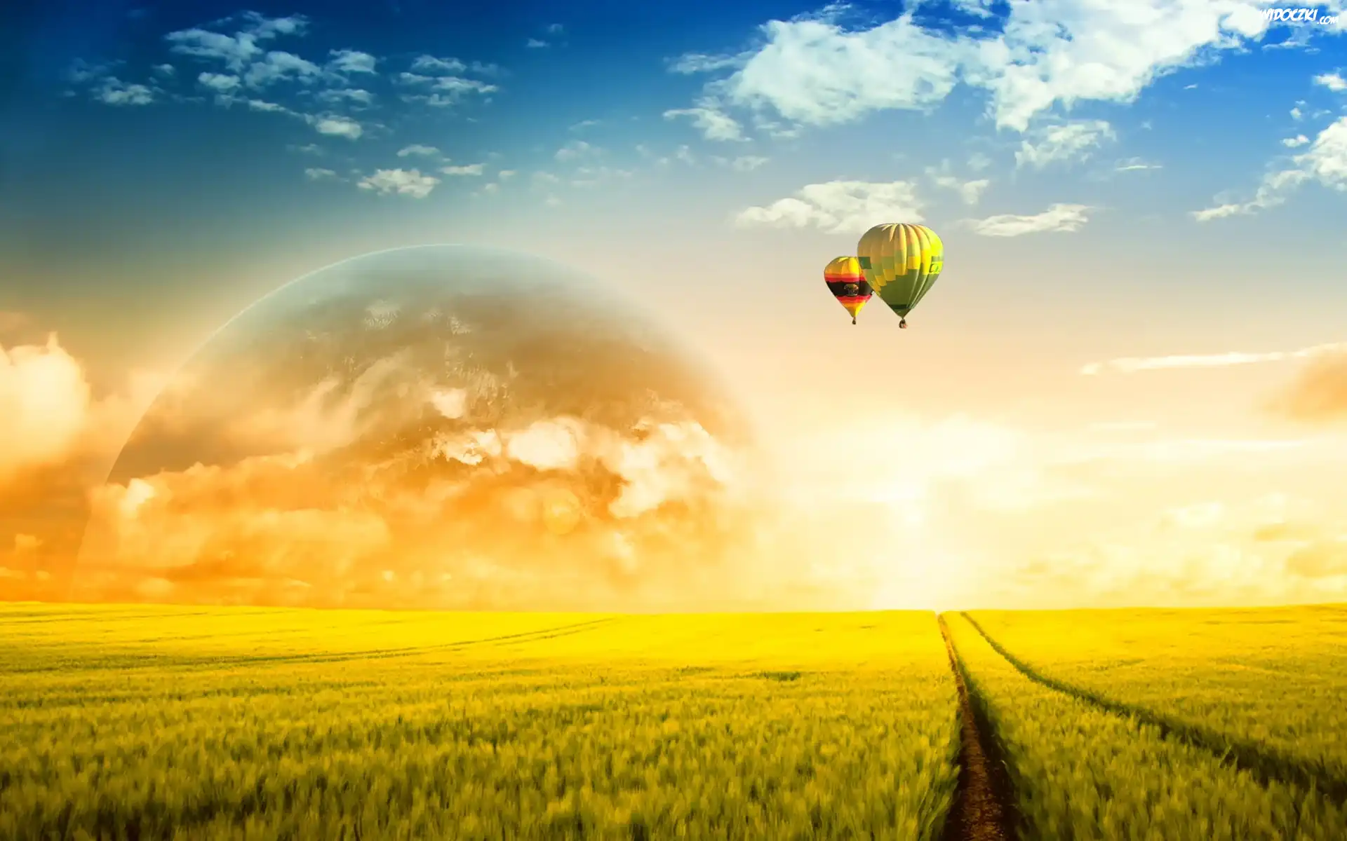 Zachód, Słońca, Pola, Balony