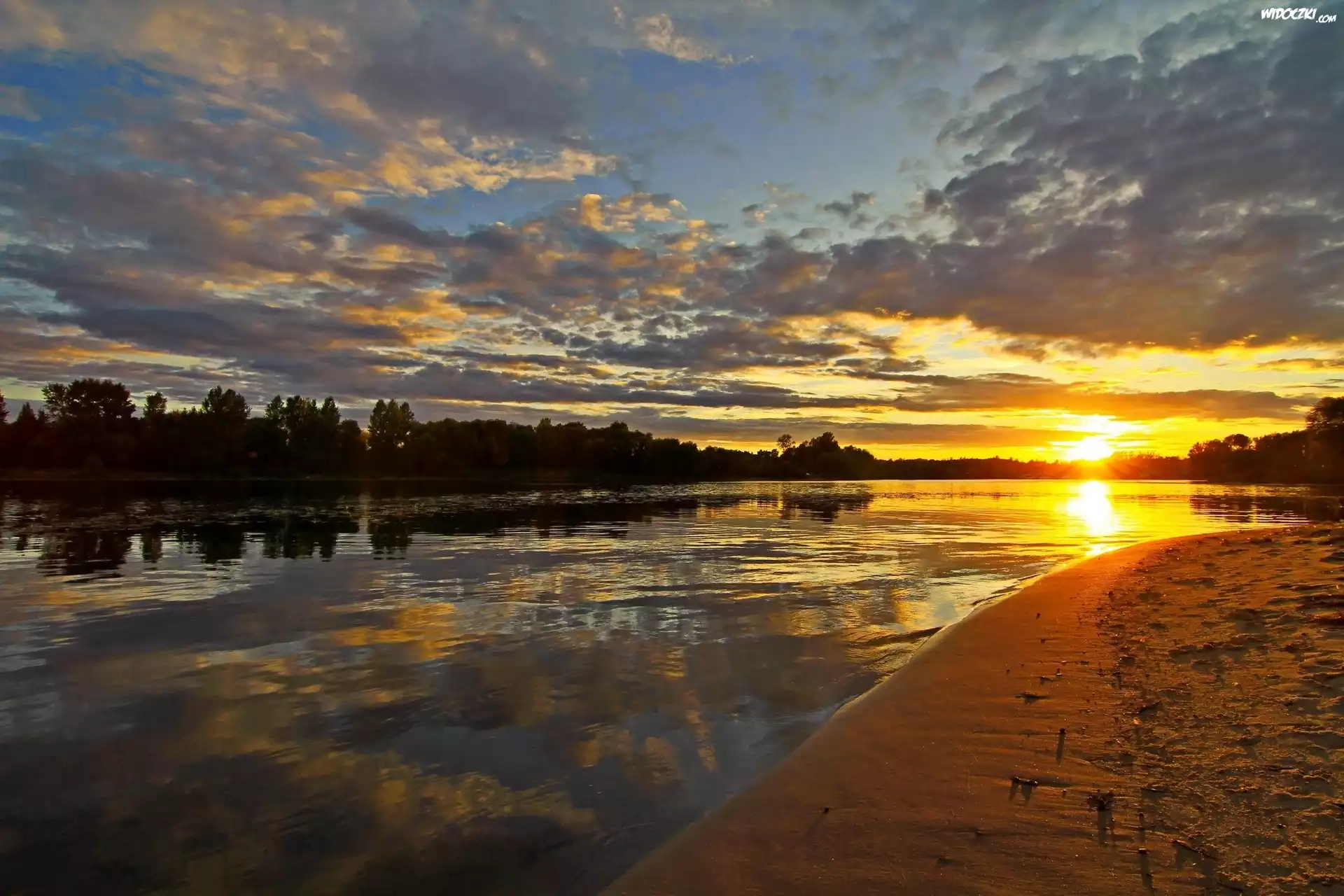 Zachód, Słońca, Rzeka, Plaża