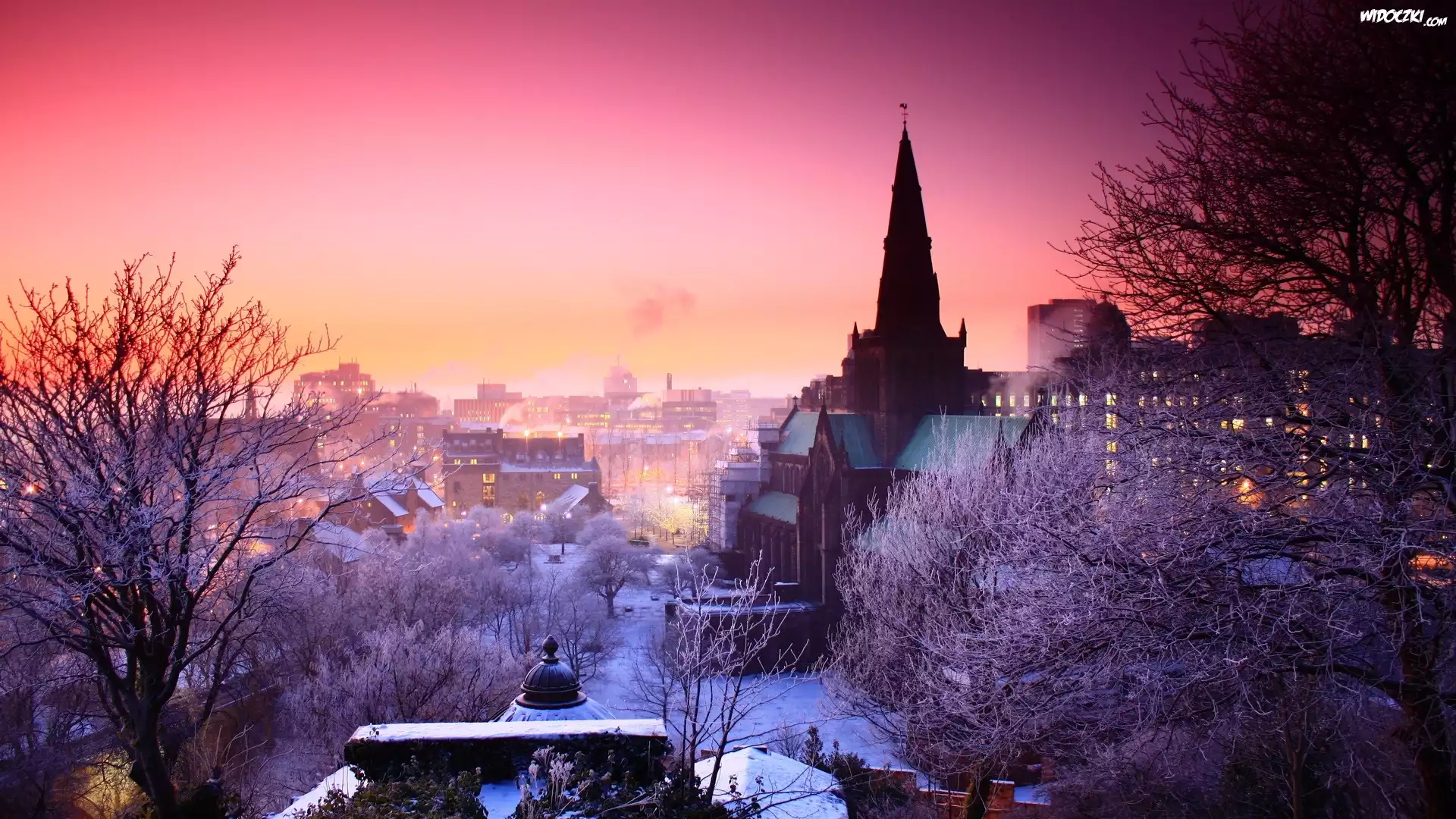 Kościół, Zima, Wielka Brytania, Szkocja, Glasgow, Drzewa, Budynki