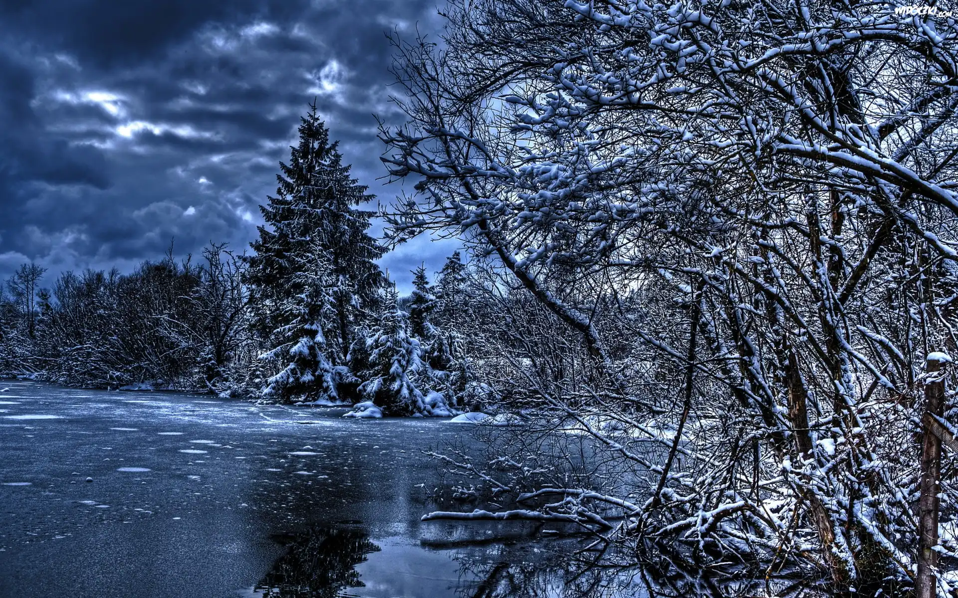 Zima, Rzeka, Drzewa, HDR