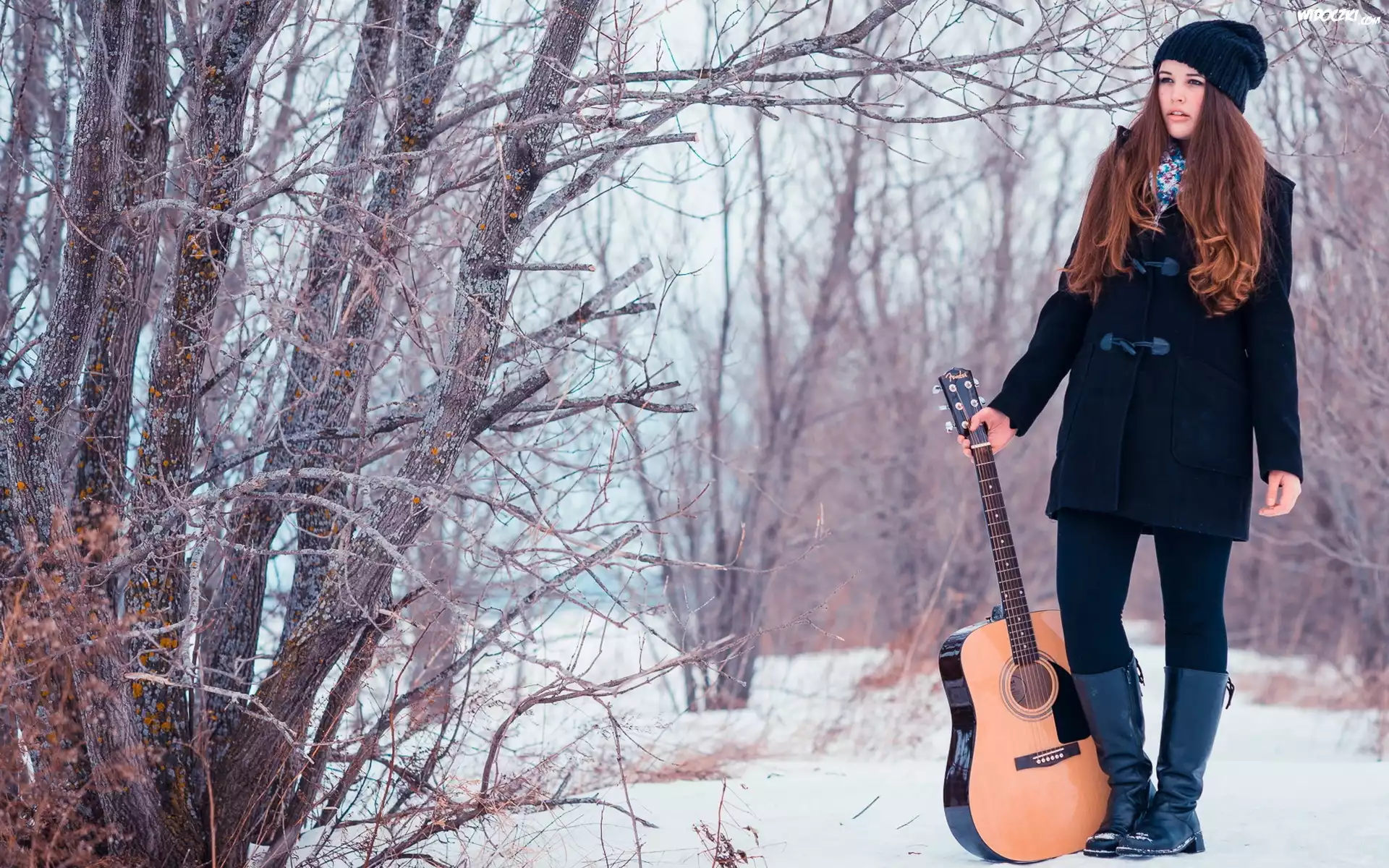 Zima, Las, Åšnieg, Dziewczyna, Gitara