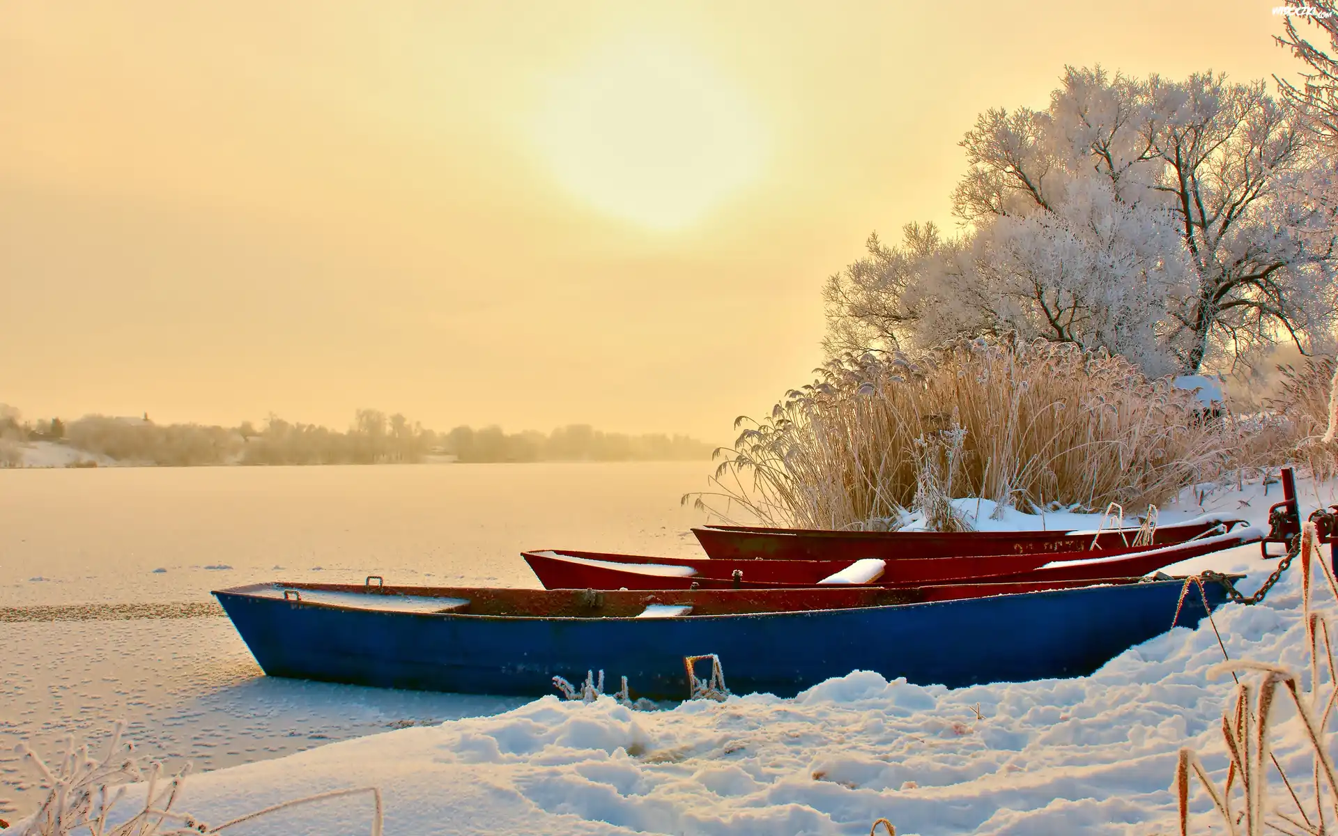 Zima, Zamarznięte, Jezioro, Łódki