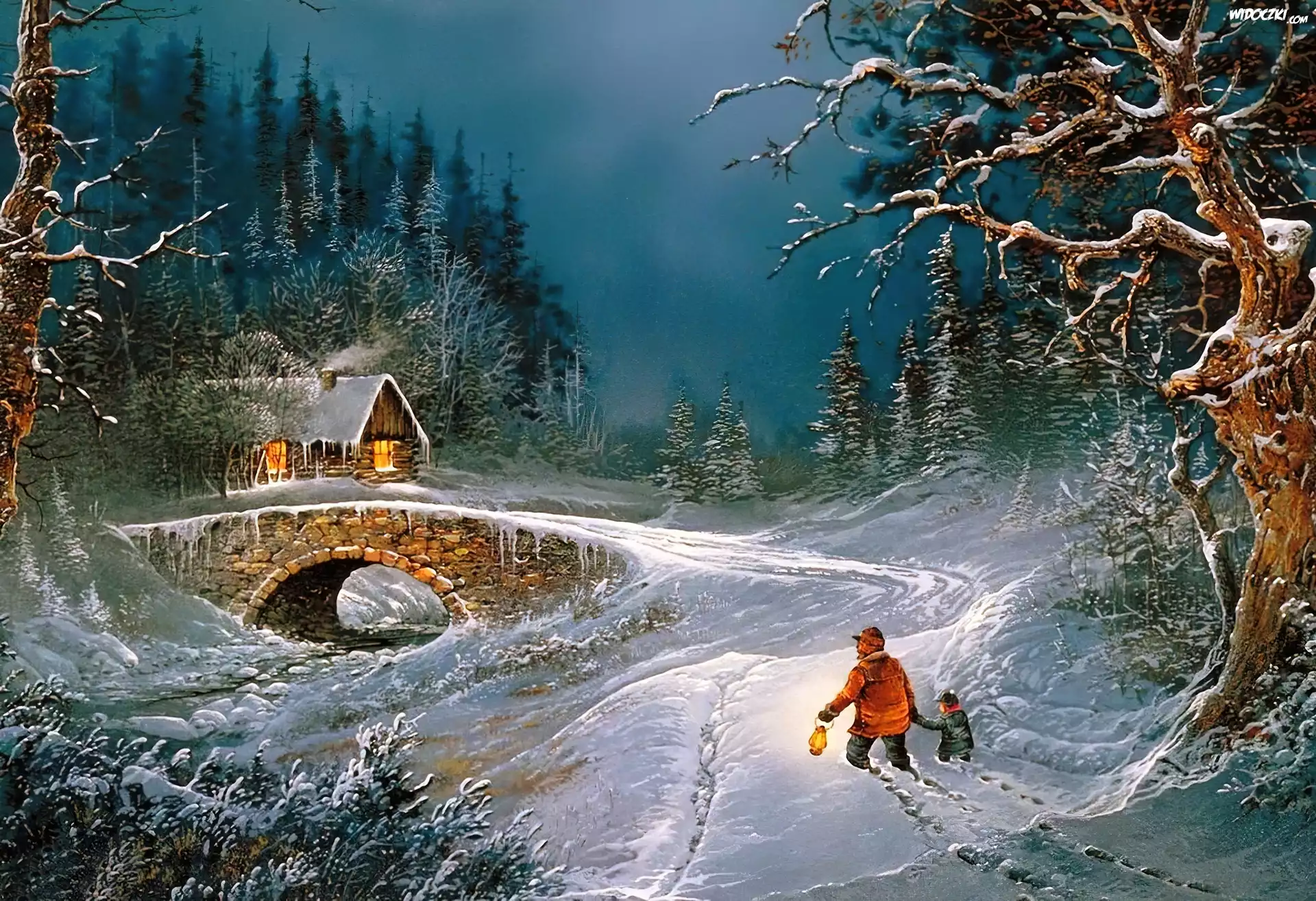 Zima, Domek, Śnieg, Widoczek