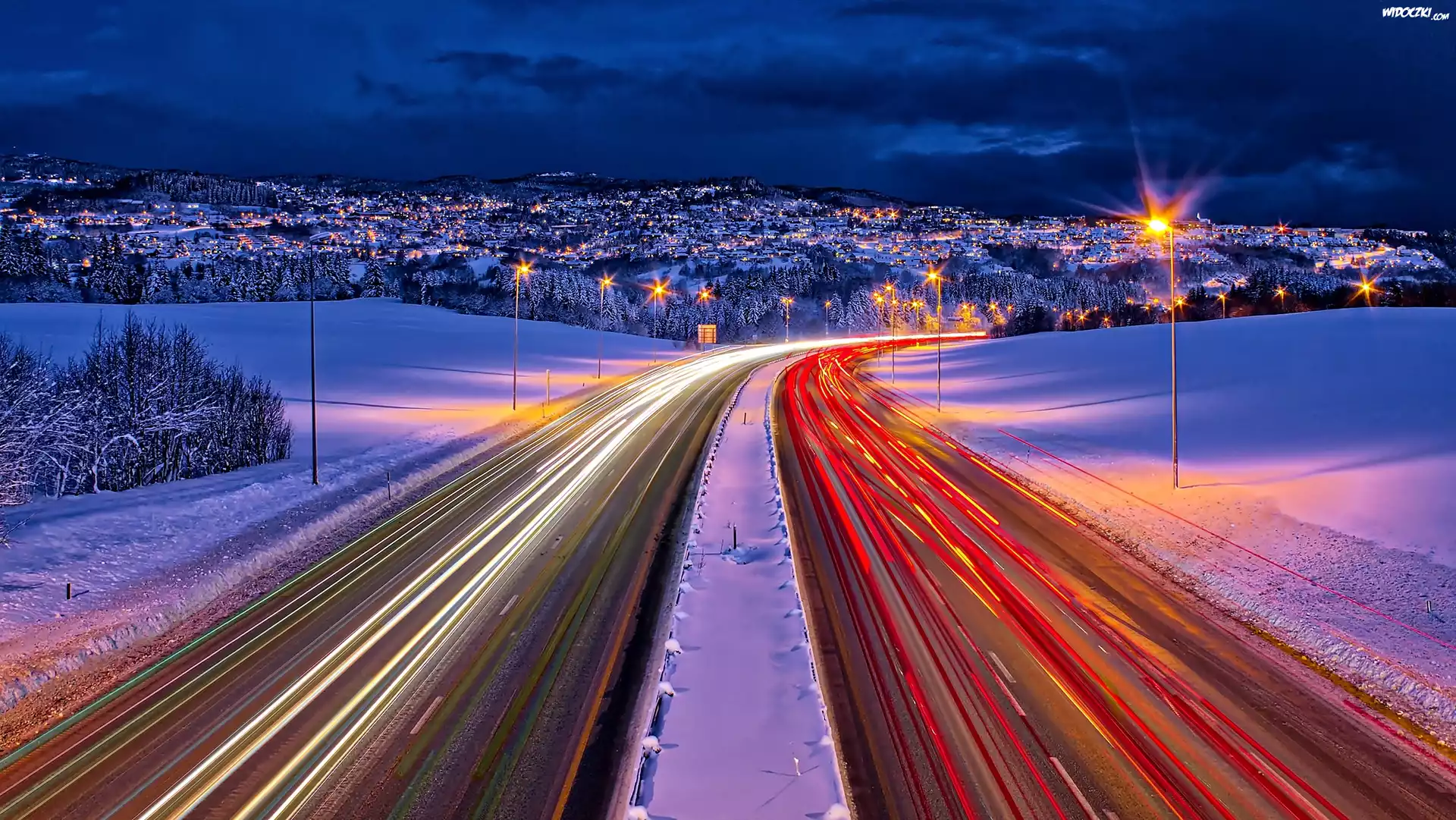 Zima, Droga, Panorama, Trondheim, NocÄ…, Norwegia