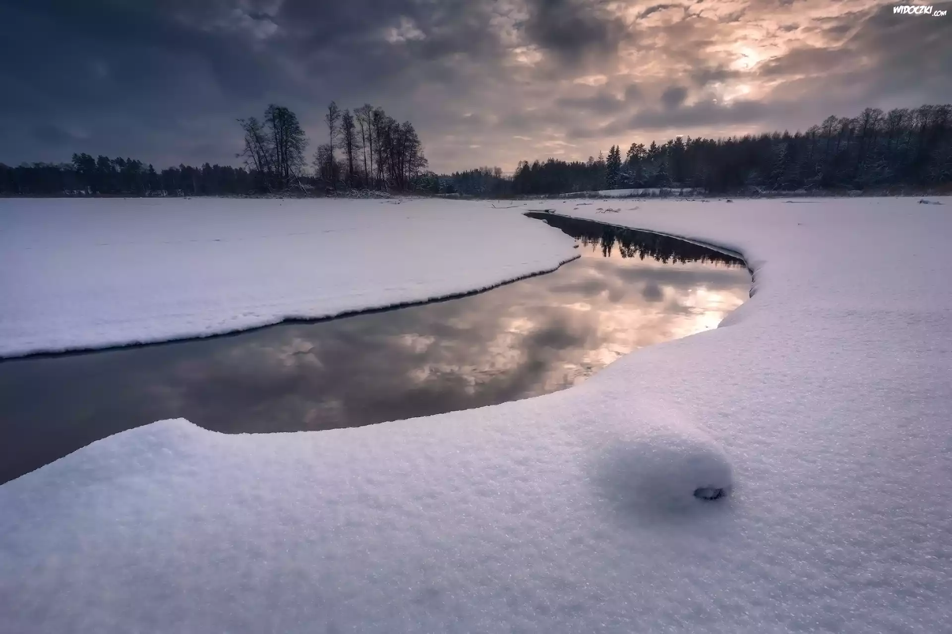 Zima, Rzeka, Drzewa, Polska, Podlasie