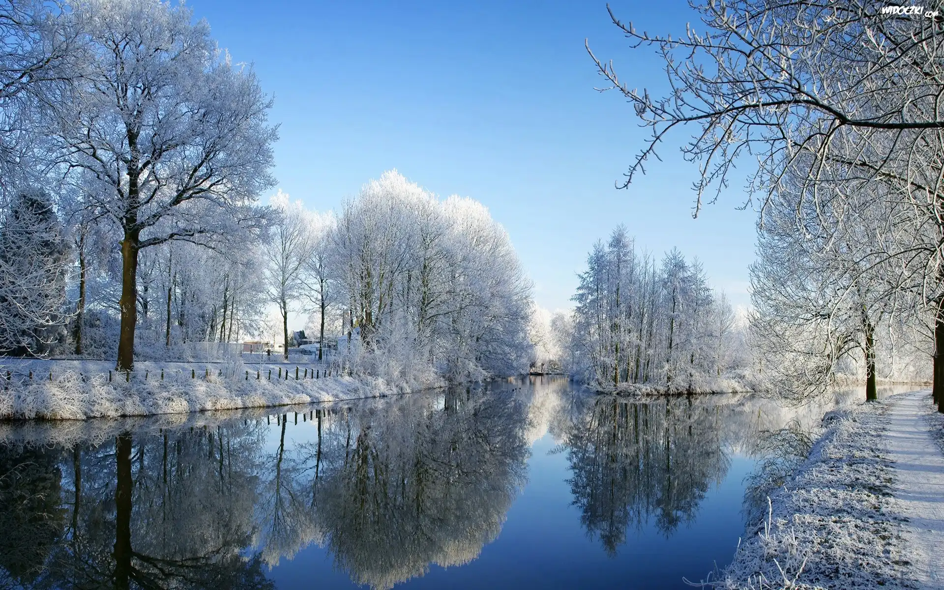 Zima, Drzewa, Szron, Rzeka