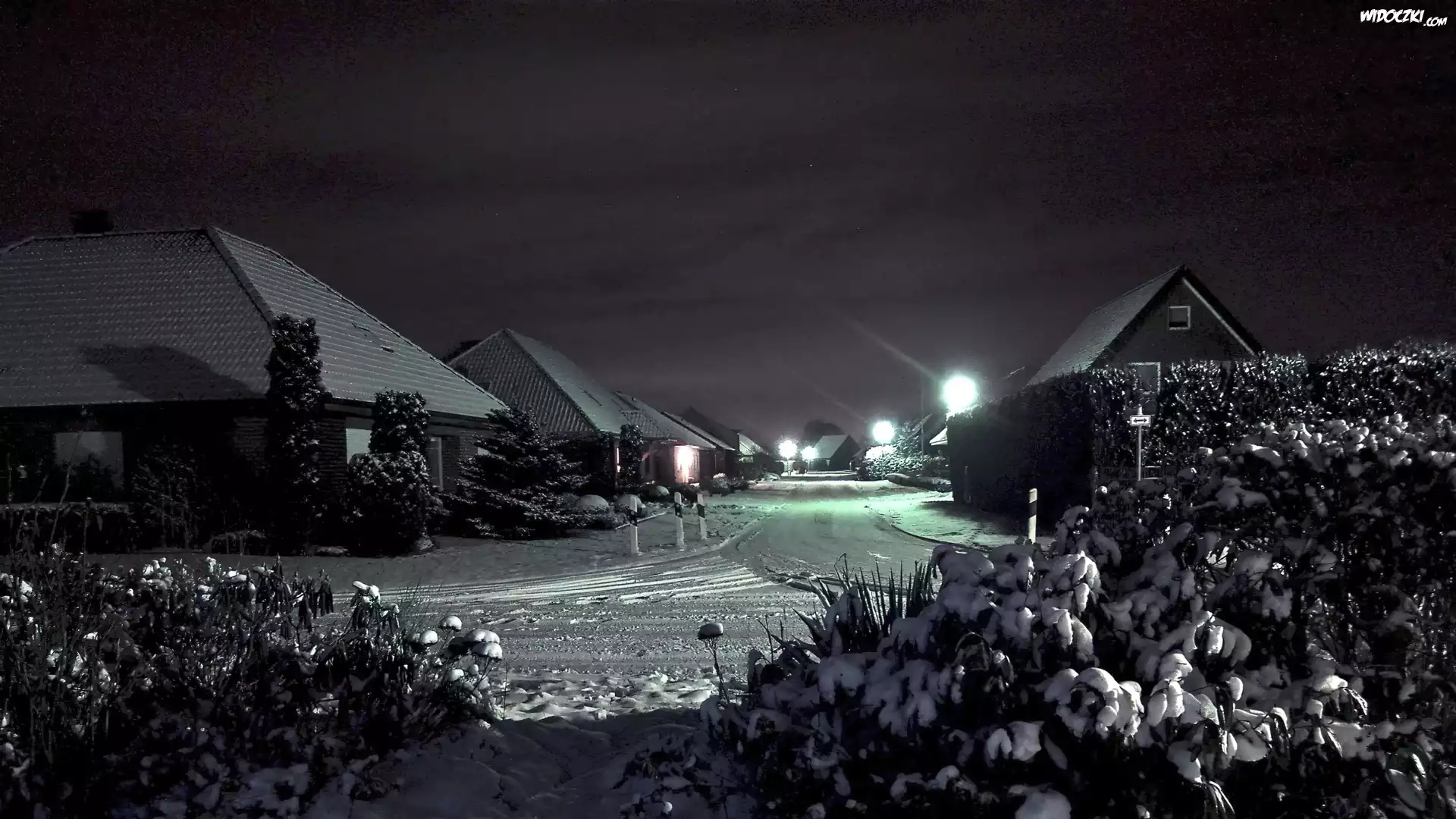 Zima, Nocą, Domki, Światła, Śnieg