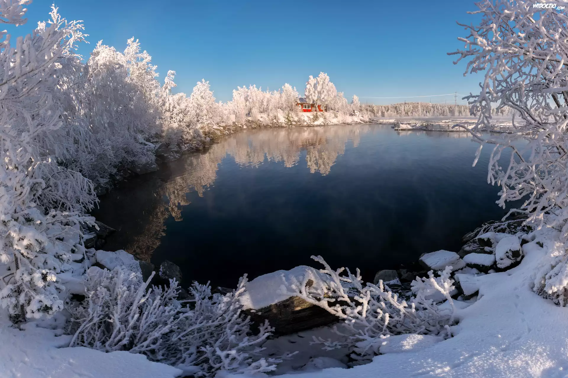Zima, Jezioro, Dom, Zaśnieżone, Drzewa