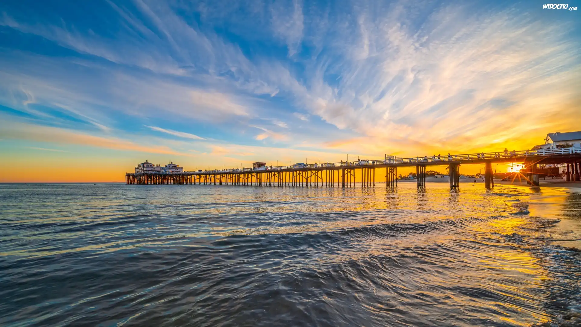 Morze, Plaża, Molo, Wschód słońca, Malibu, Kalifornia, Stany Zjednoczone