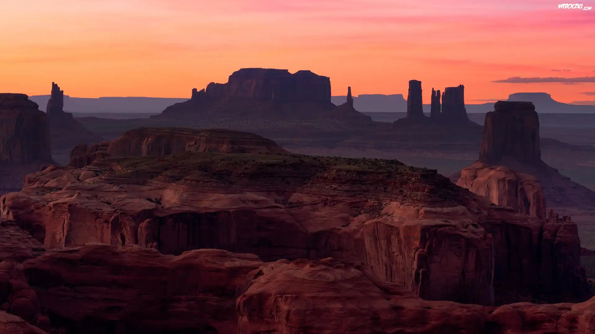 Góry, Skały, Monument Valley, Zachód słońca, Stany Zjednoczone