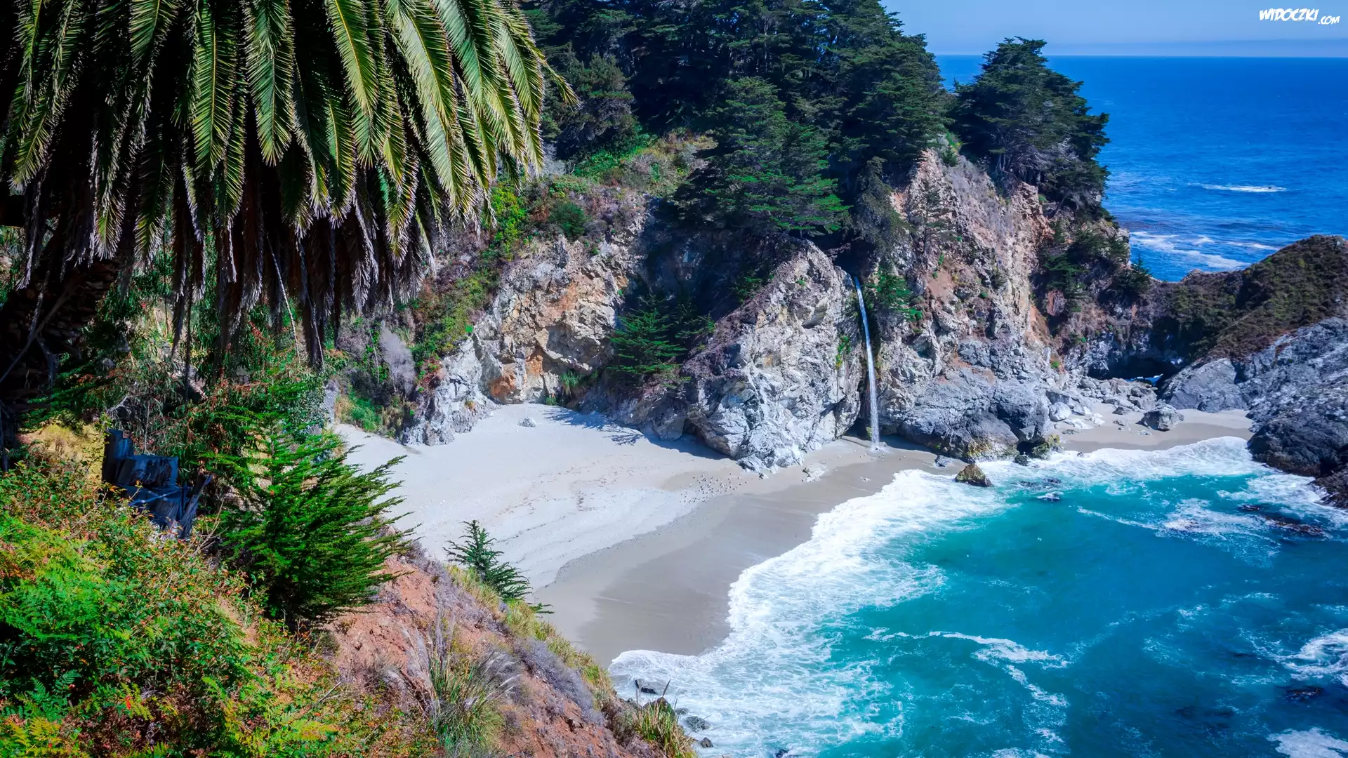 Stany Zjednoczone, Kalifornia, Park stanowy Julii Pfeiffer Burns, Zatoczka McWay Cove, Wodospad McWay Falls, Morze, Wybrzeże, Zatoka, Skały, Drzewa, Roślinność