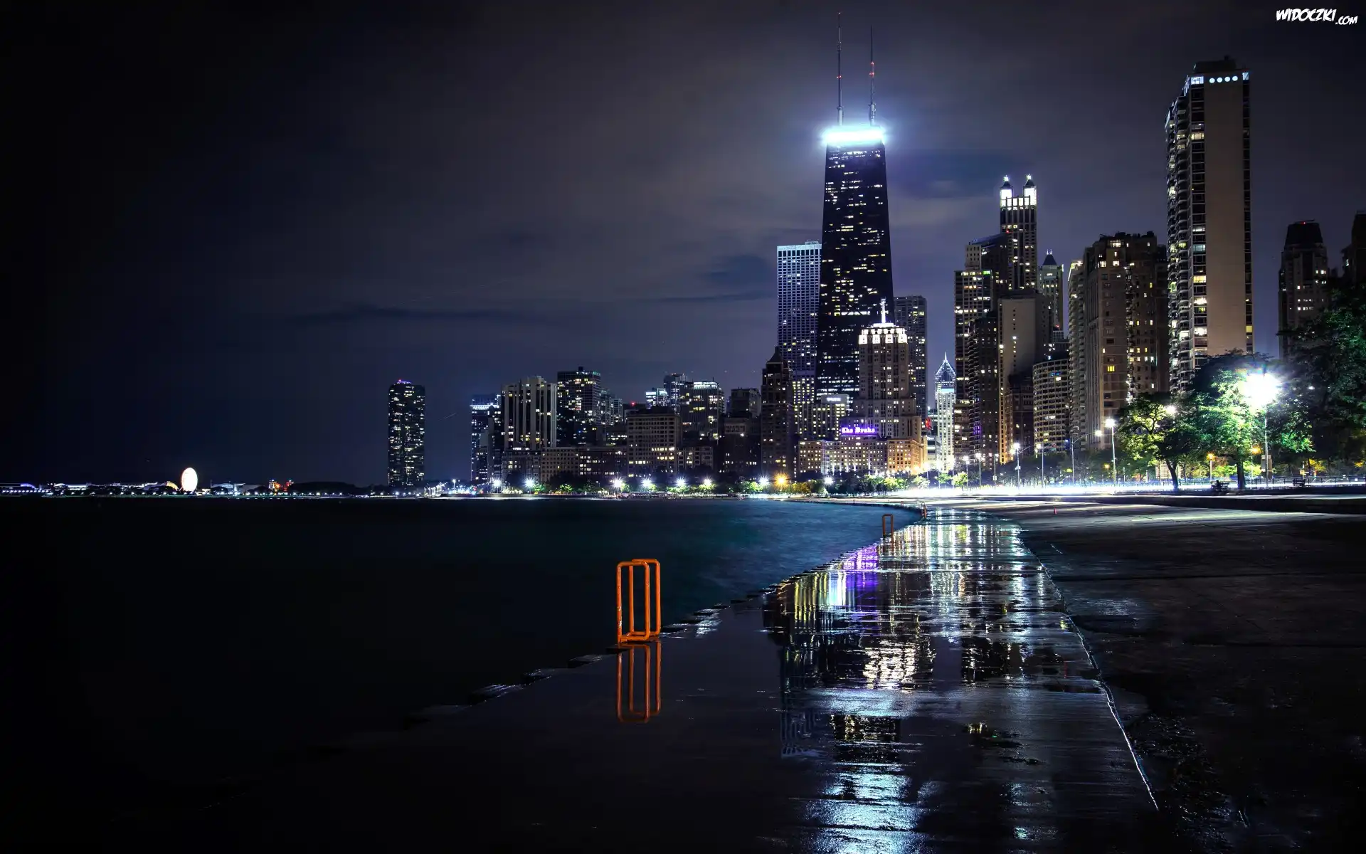 Stany Zjednoczone, Chicago, Wieżowce, Jezioro Michigan, Noc