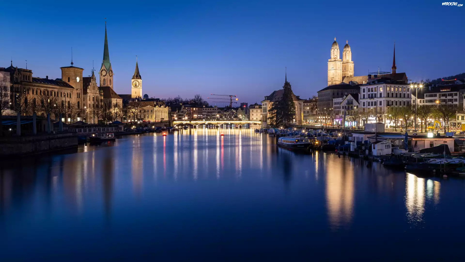 Szwajcaria, Zurych, Noc, Domy, Rzeka Limmat, Most